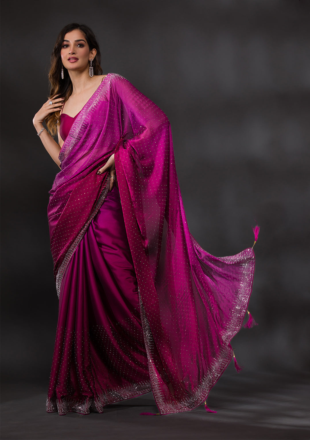 Wine Swarovski Semi Crepe Designer Saree-Koskii
