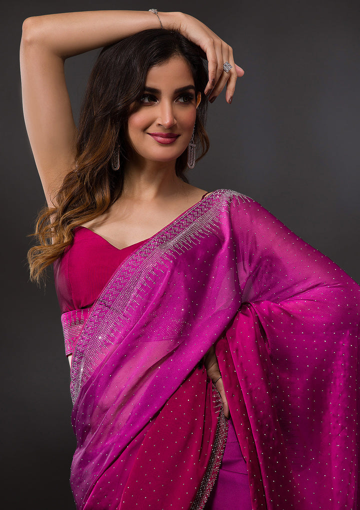 Ombre Wine Stonework Satin Designer Saree