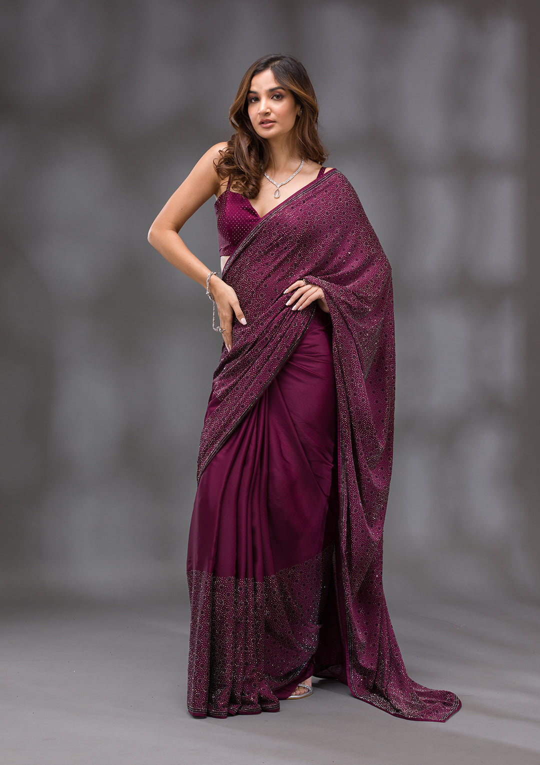 Wine Satin Silver Stonework Saree With Matching Blouse Piece