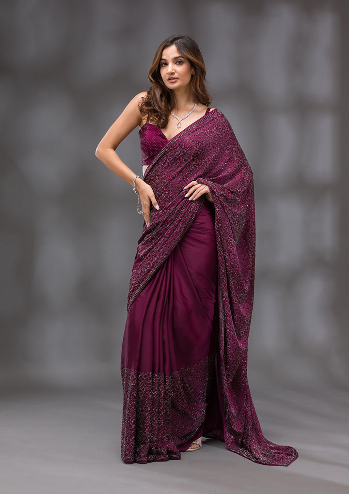 Wine Satin Silver Stonework Saree With Matching Blouse Piece