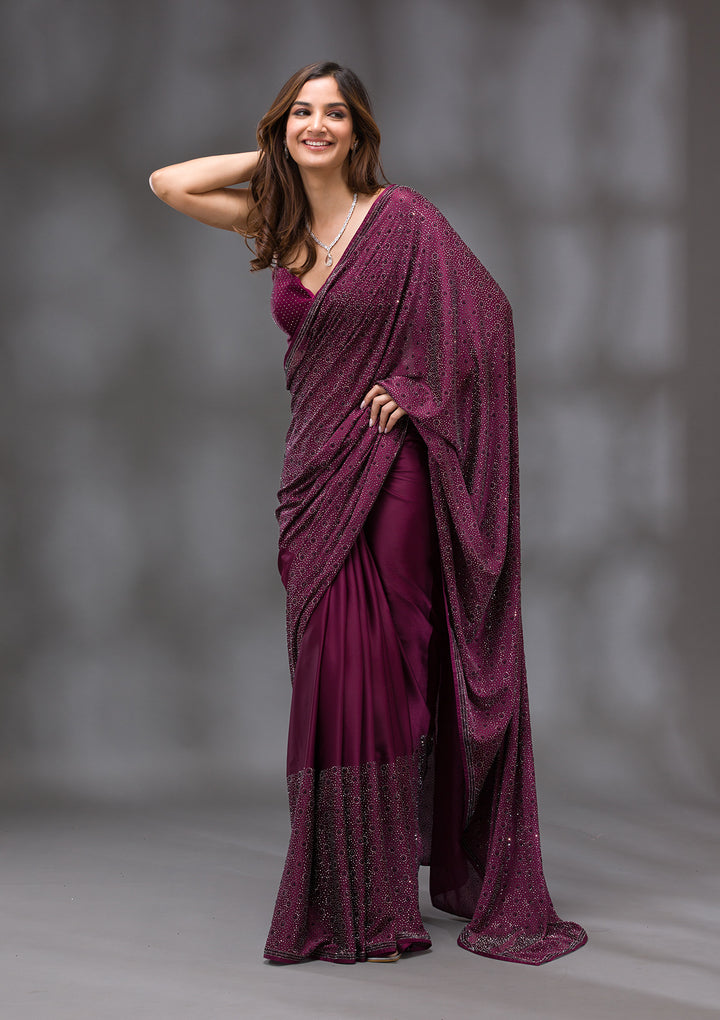 Wine Satin Silver Stonework Saree With Matching Blouse Piece