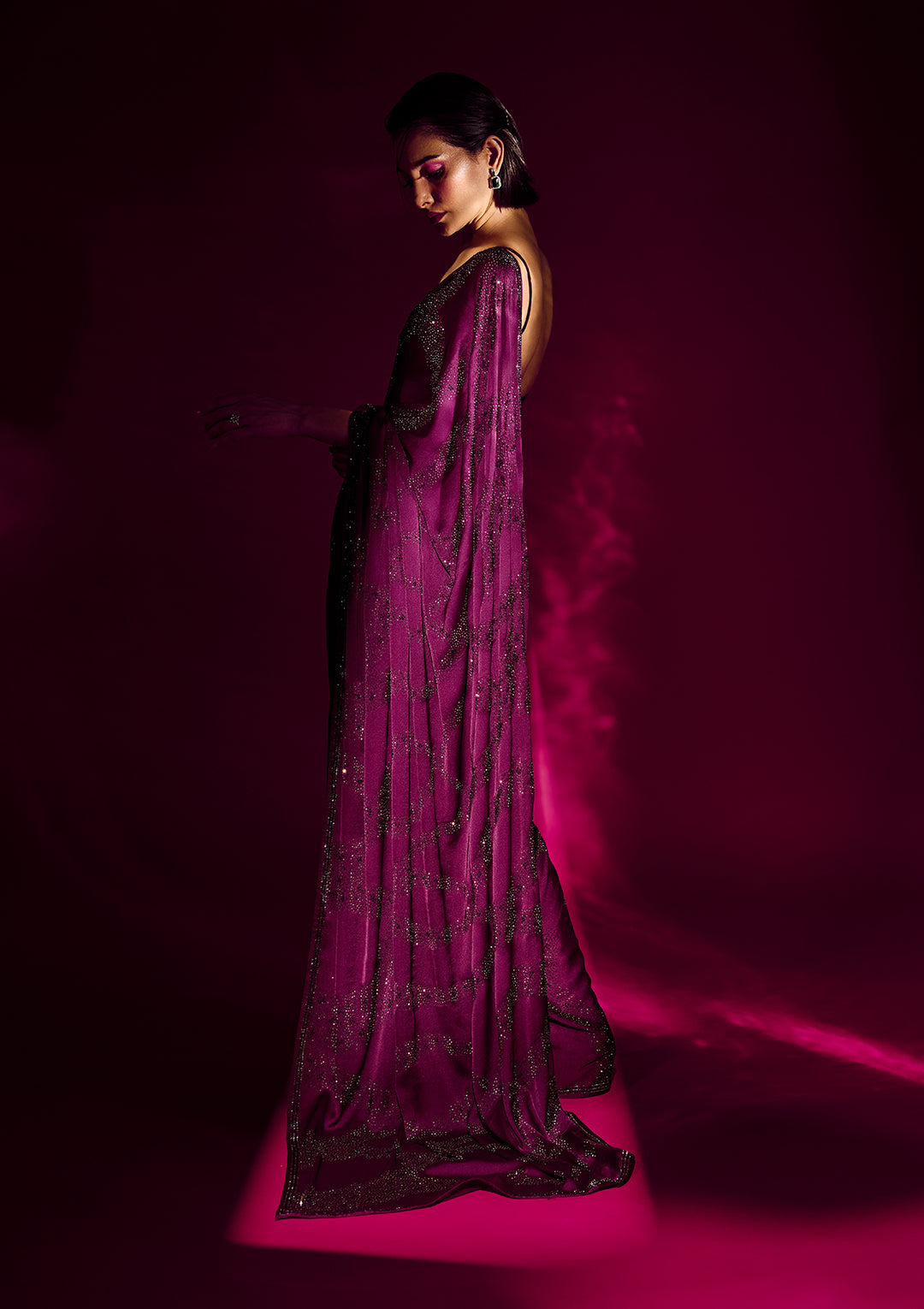 Wine Stonework Satin Designer Saree