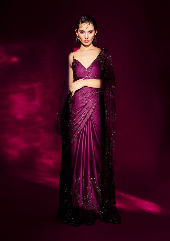 Wine Stonework Satin Designer Saree