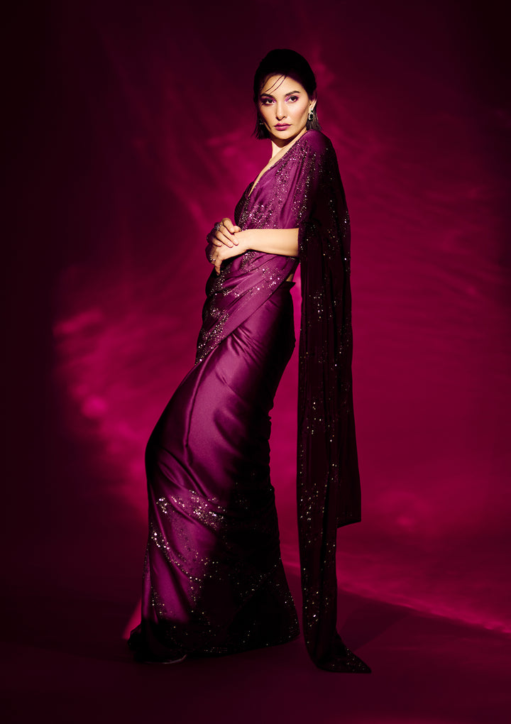 Wine Stonework Satin Designer Saree
