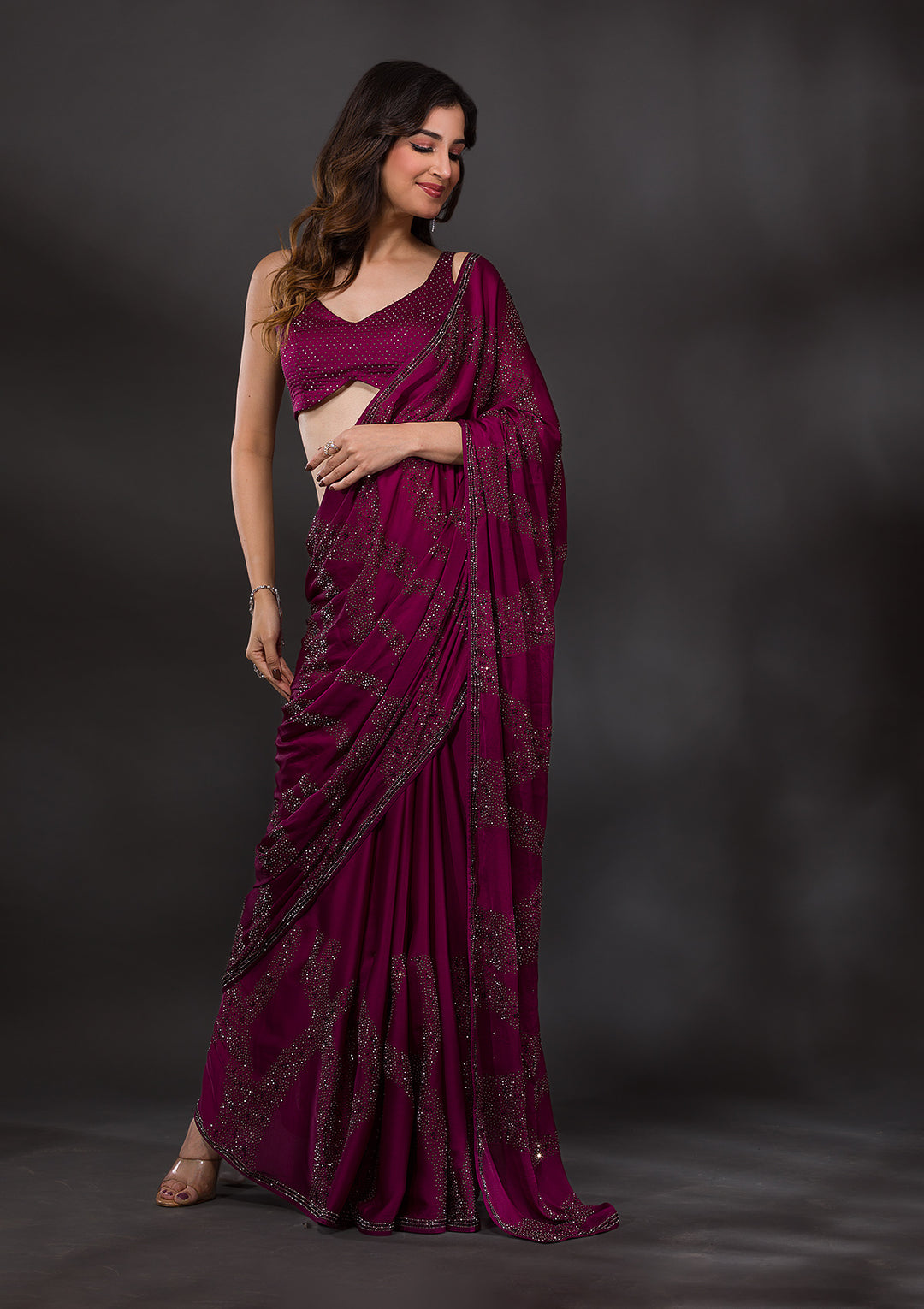 Wine Stonework Satin Designer Saree