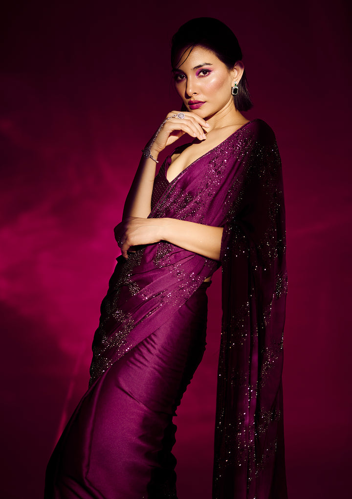 Wine Stonework Satin Designer Saree