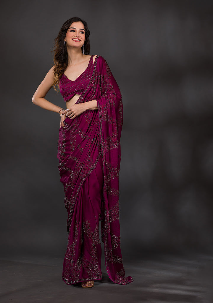 Wine Stonework Satin Designer Saree