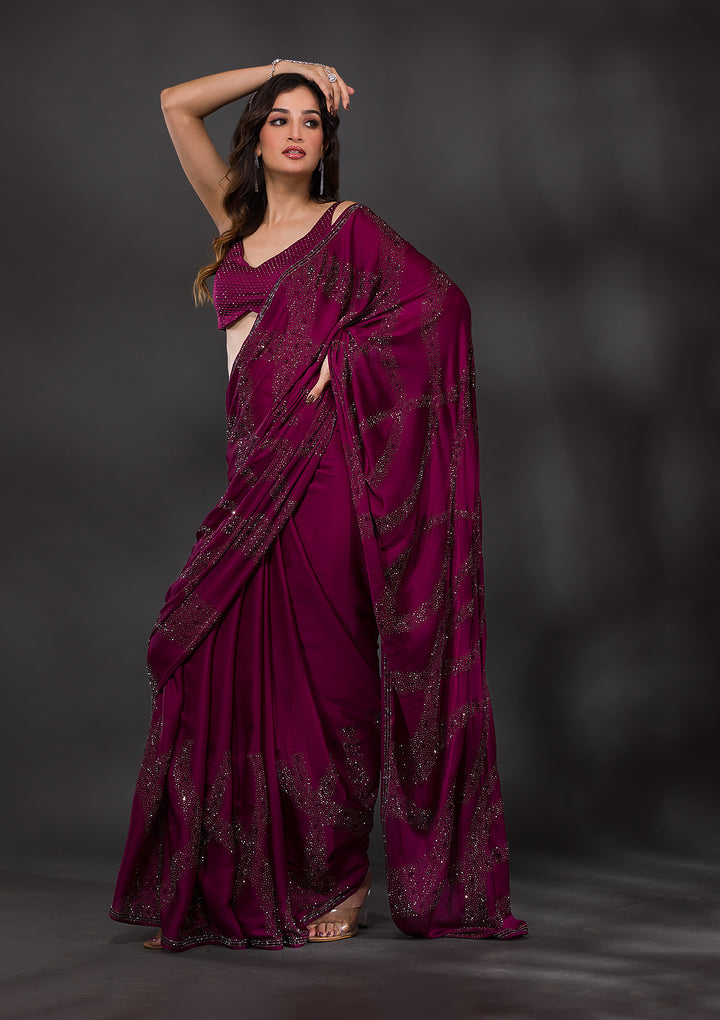 Wine Stonework Satin Designer Saree