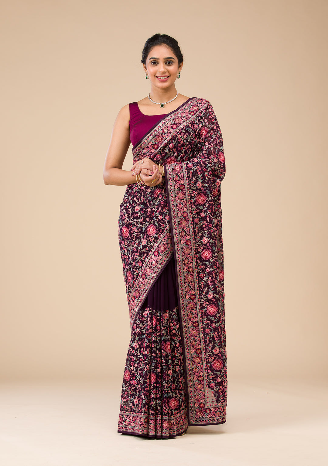 Wine Tissue Threadwork Saree With Matching Blouse Piece