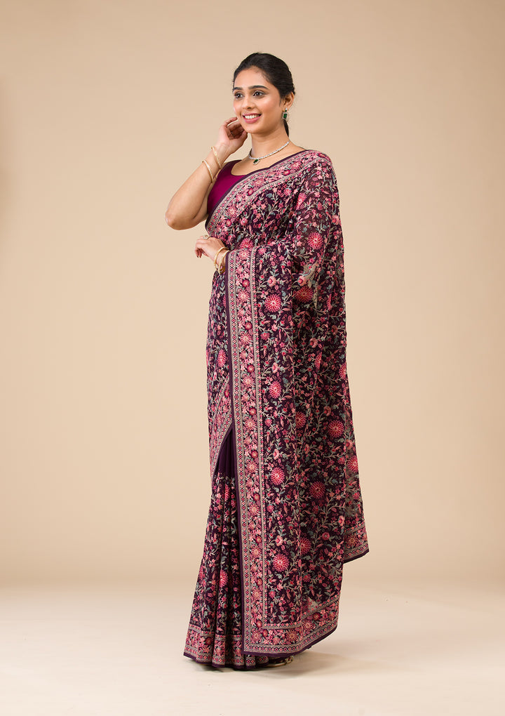 Wine Tissue Threadwork Saree With Matching Blouse Piece