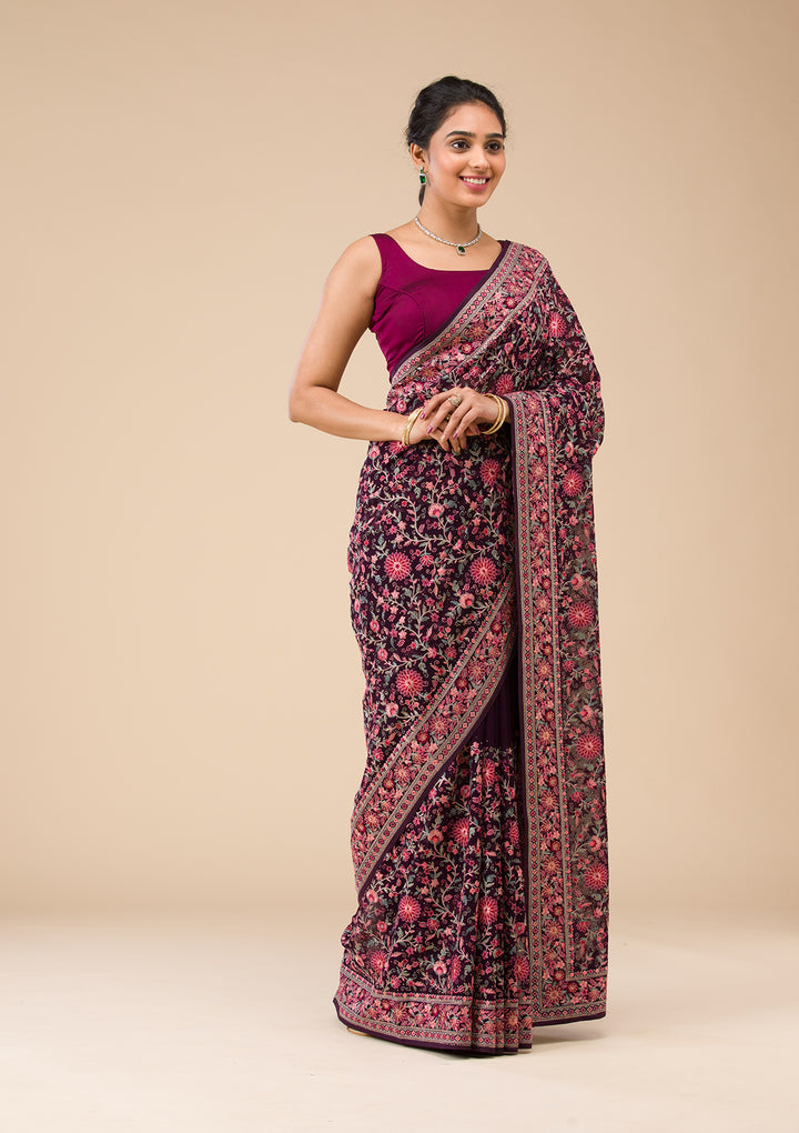 Wine Tissue Threadwork Saree With Matching Blouse Piece