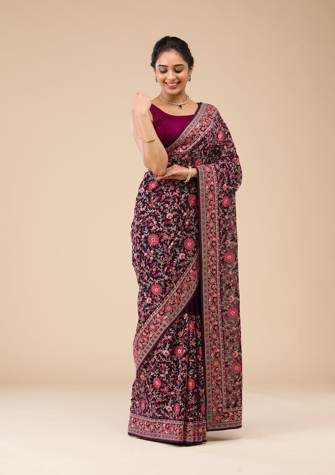 Wine Tissue Threadwork Saree With Matching Blouse Piece