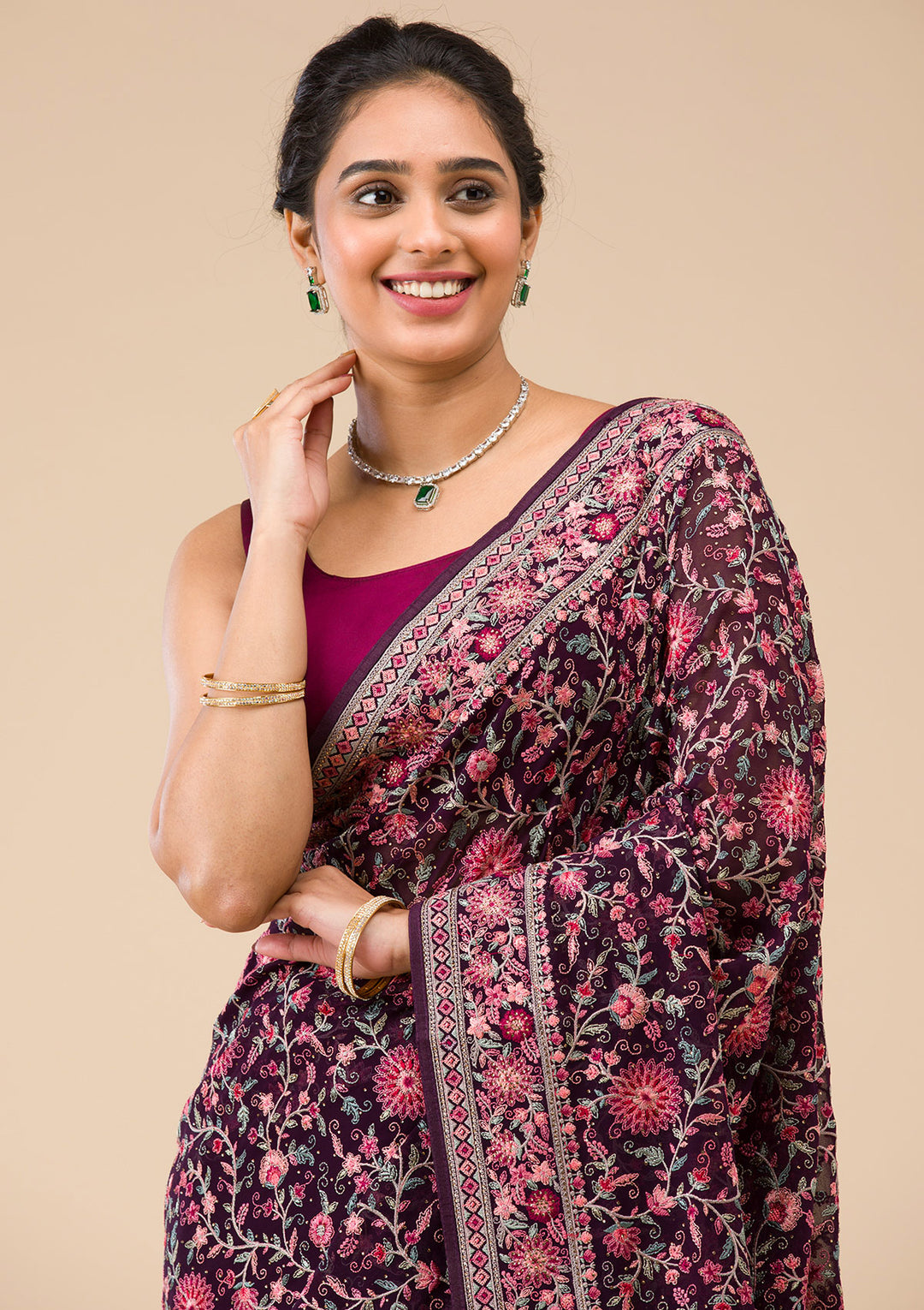 Wine Tissue Threadwork Saree With Matching Blouse Piece