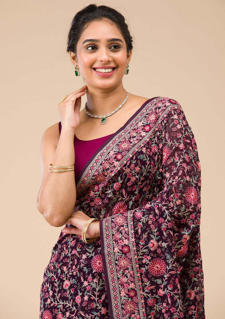 Wine Tissue Threadwork Saree With Matching Blouse Piece