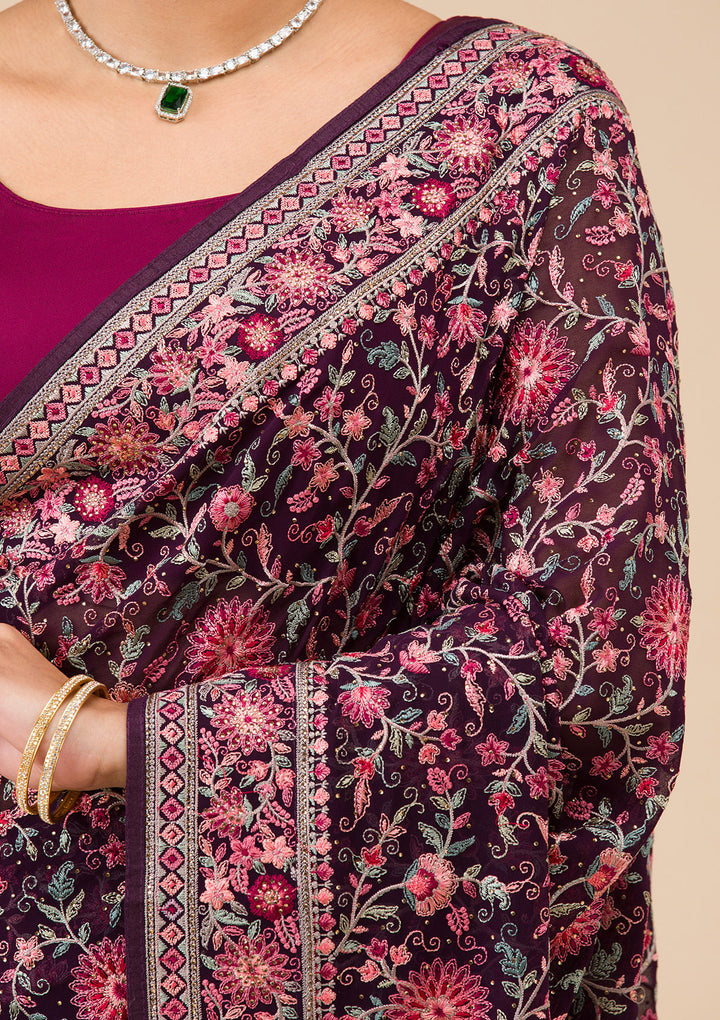 Wine Tissue Threadwork Saree With Matching Blouse Piece