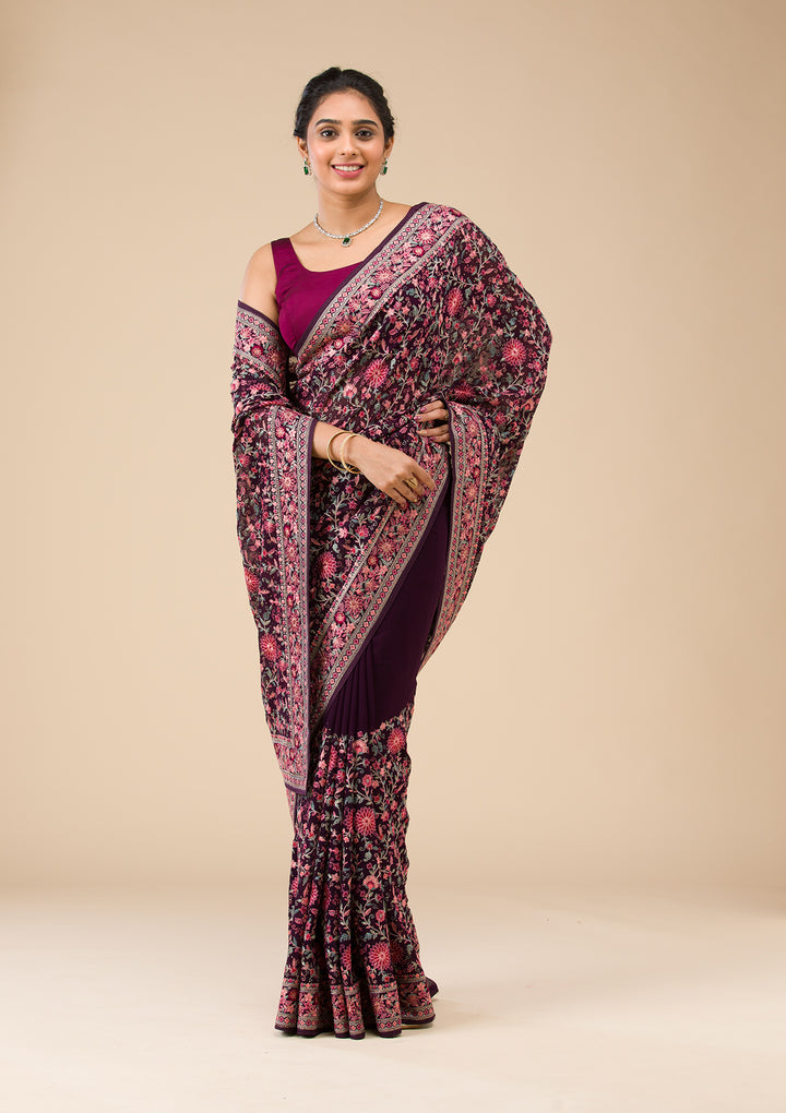 Wine Tissue Threadwork Saree With Matching Blouse Piece