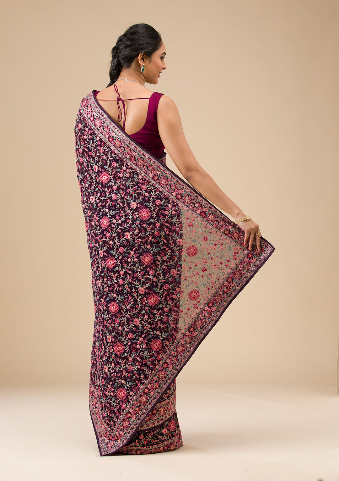 Wine Tissue Threadwork Saree With Matching Blouse Piece
