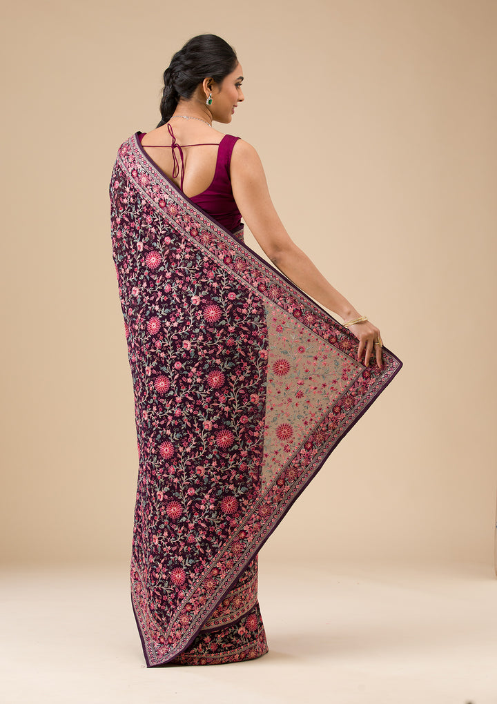 Wine Tissue Threadwork Saree With Matching Blouse Piece