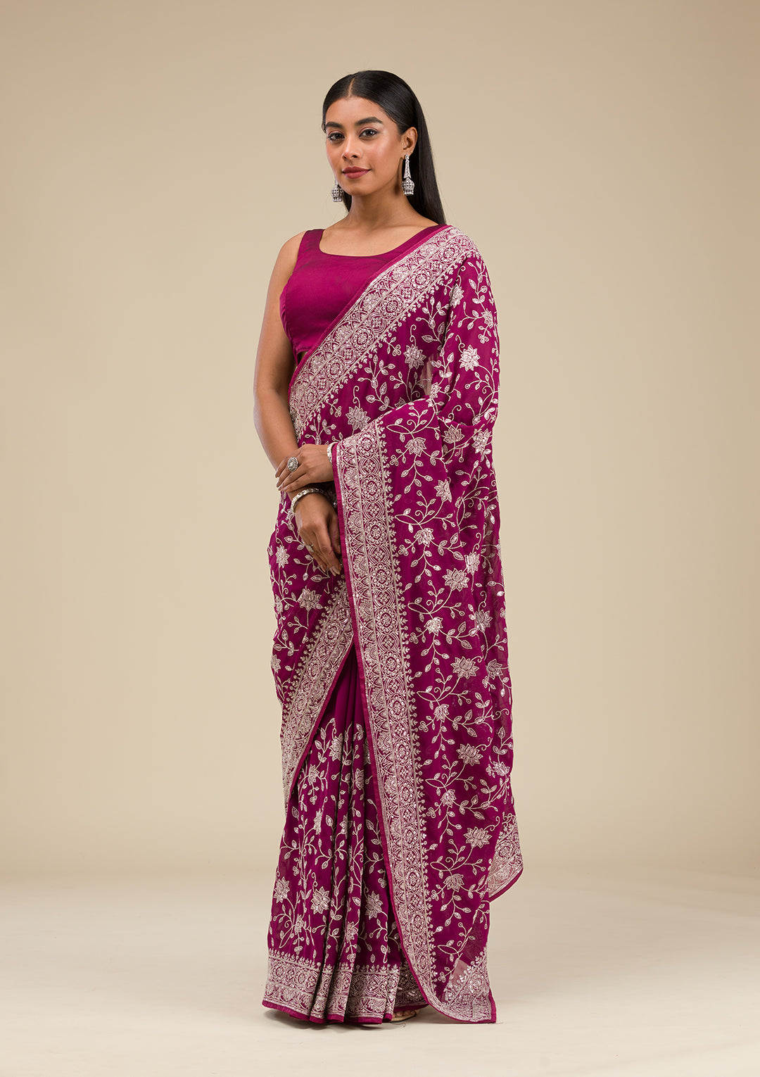Wine Threadwork Georgette Saree
