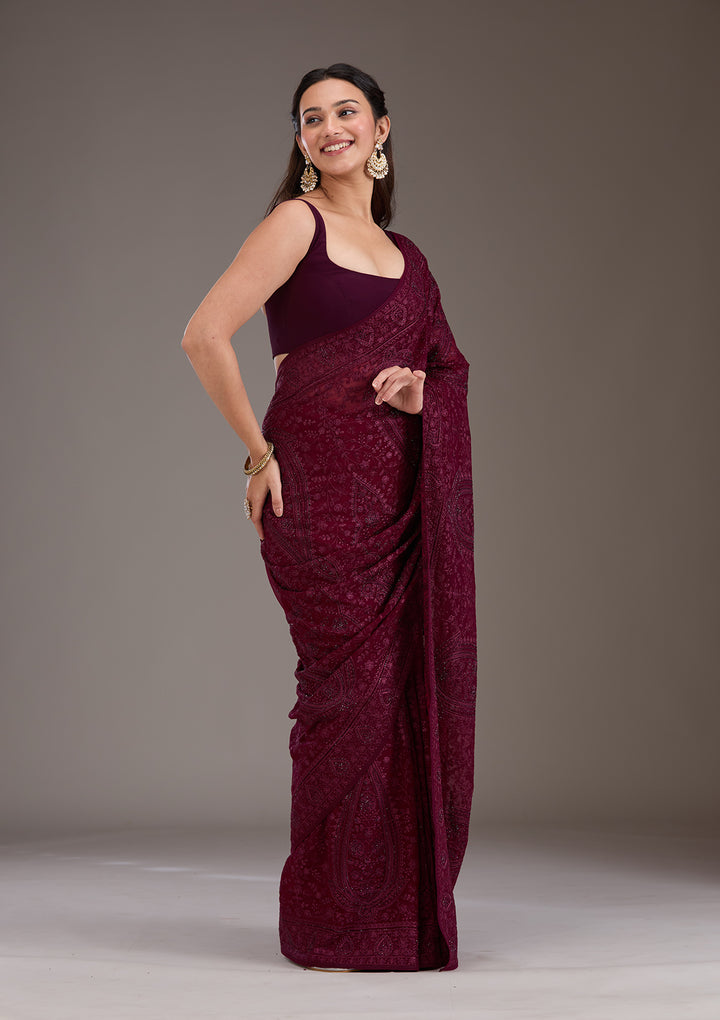 Wine Threadwork Georgette Saree