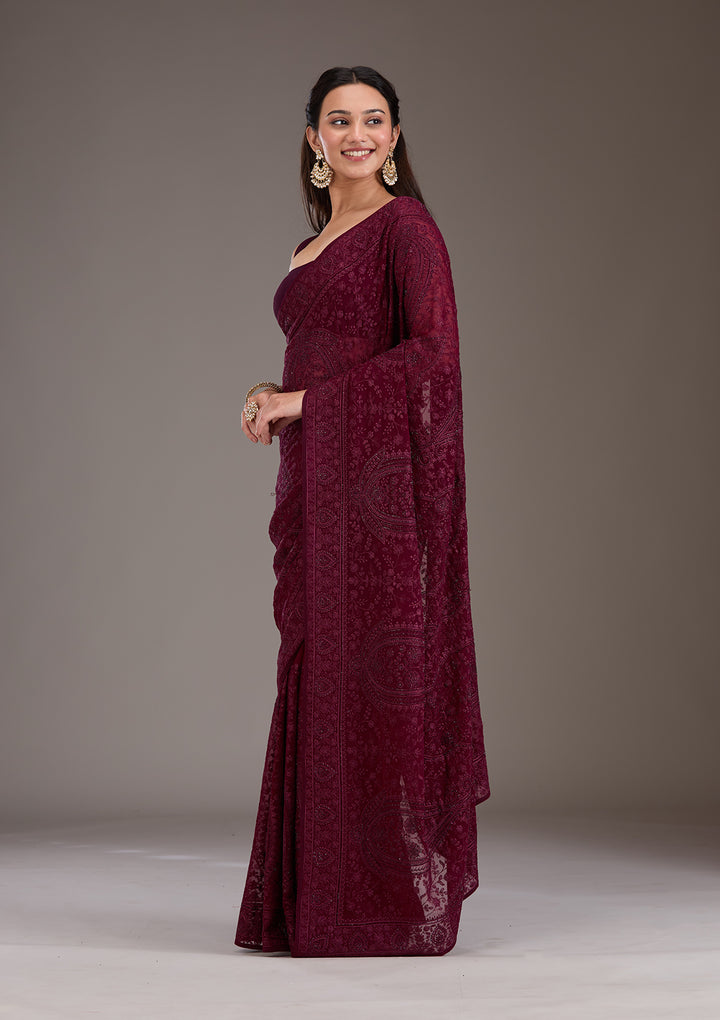 Wine Threadwork Georgette Saree