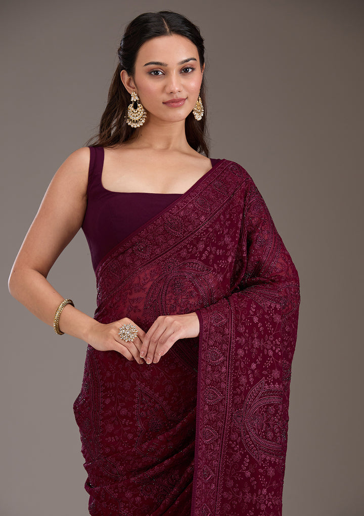 Wine Threadwork Georgette Saree