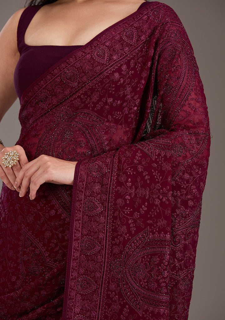 Wine Threadwork Georgette Saree
