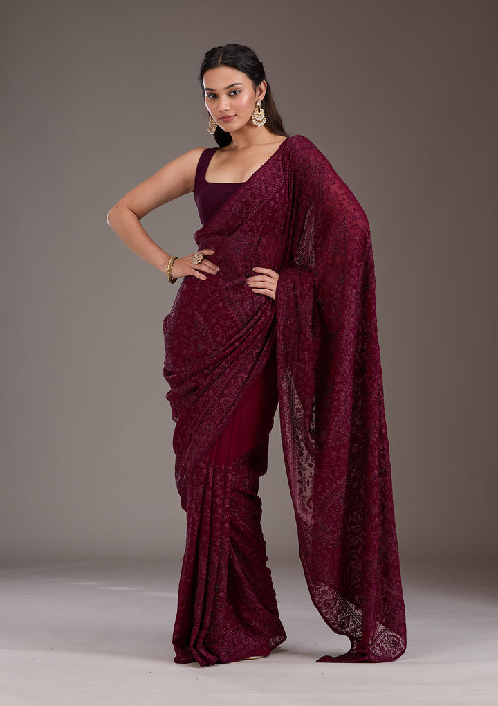 Wine Threadwork Georgette Saree