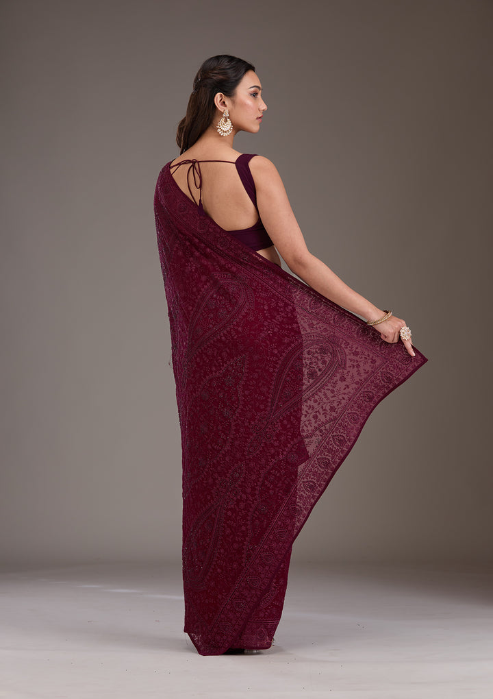 Wine Threadwork Georgette Saree