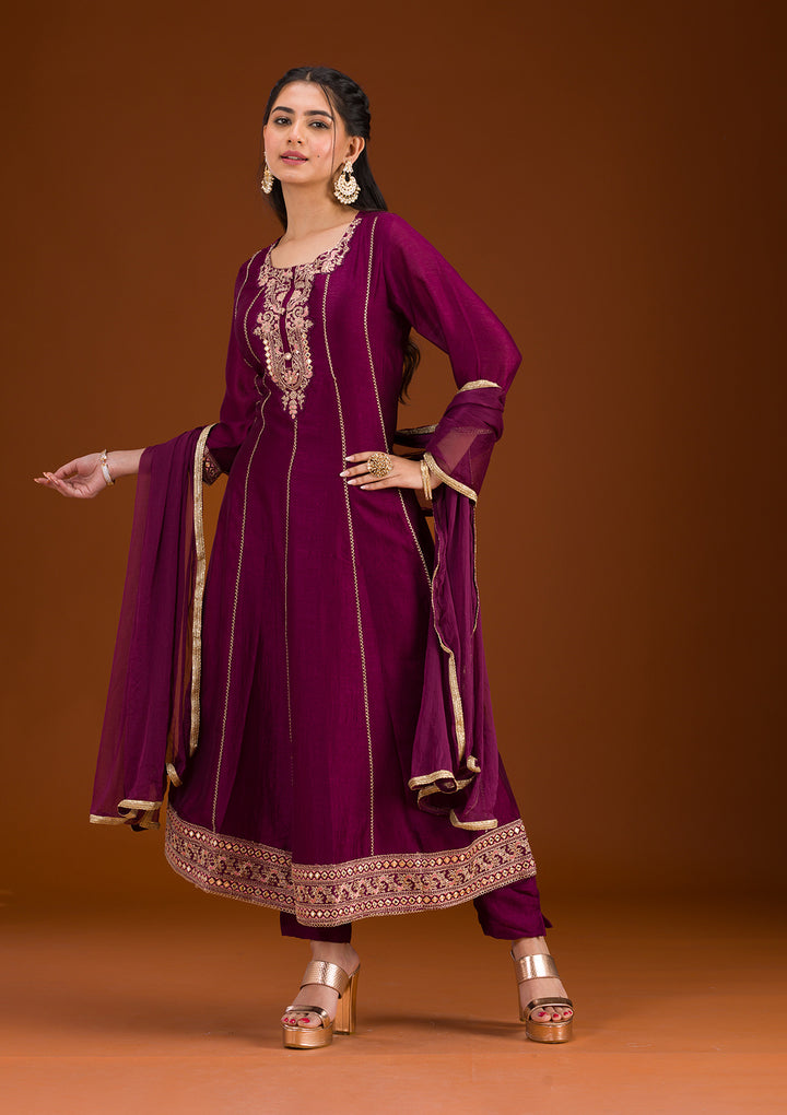 Koskii Burgundy Soft Raw Silk Salwar Suit – Elegant Readymade Ethnicwear