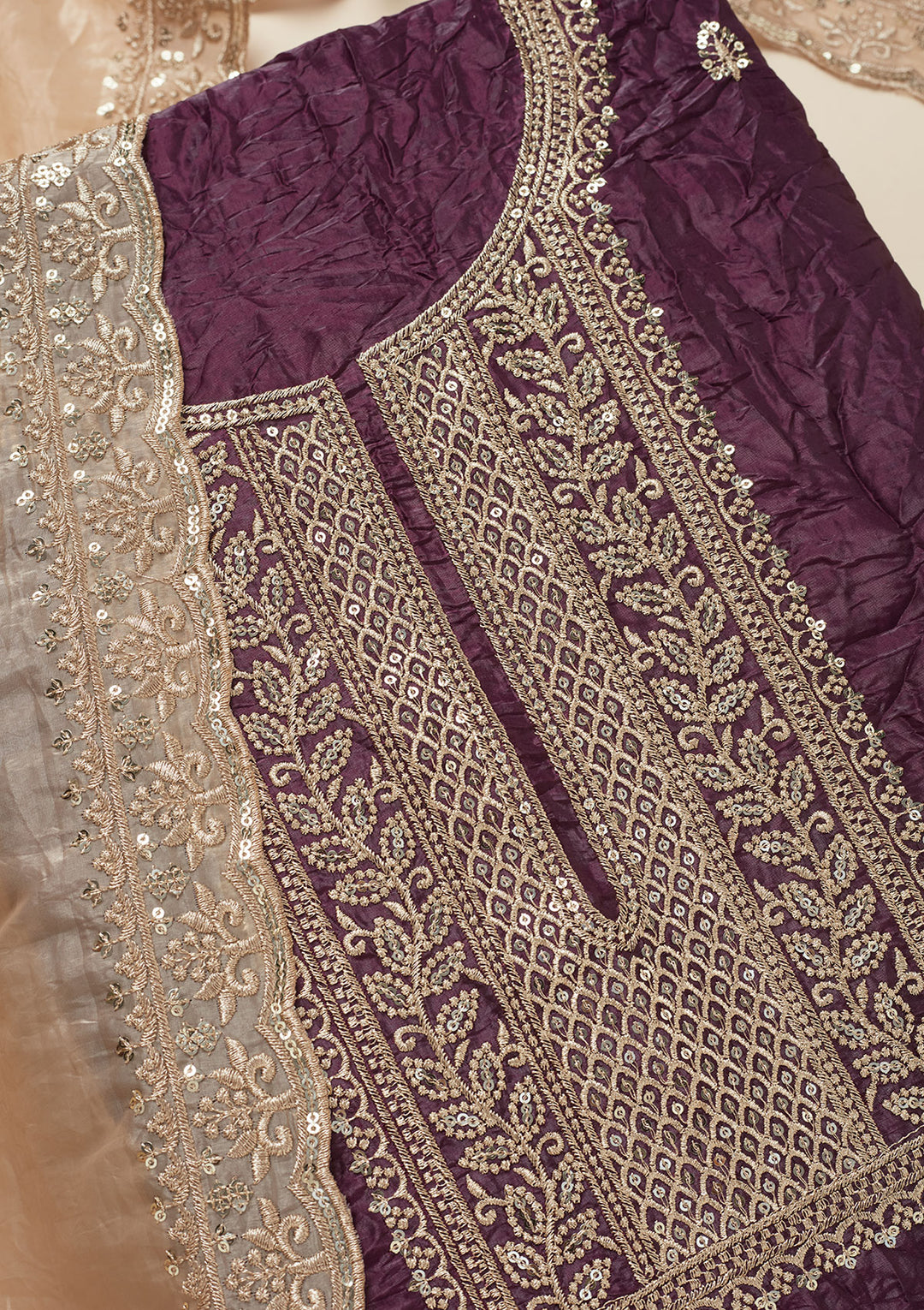 Wine Threadwork Semi Crepe Unstitched Salwar Suit