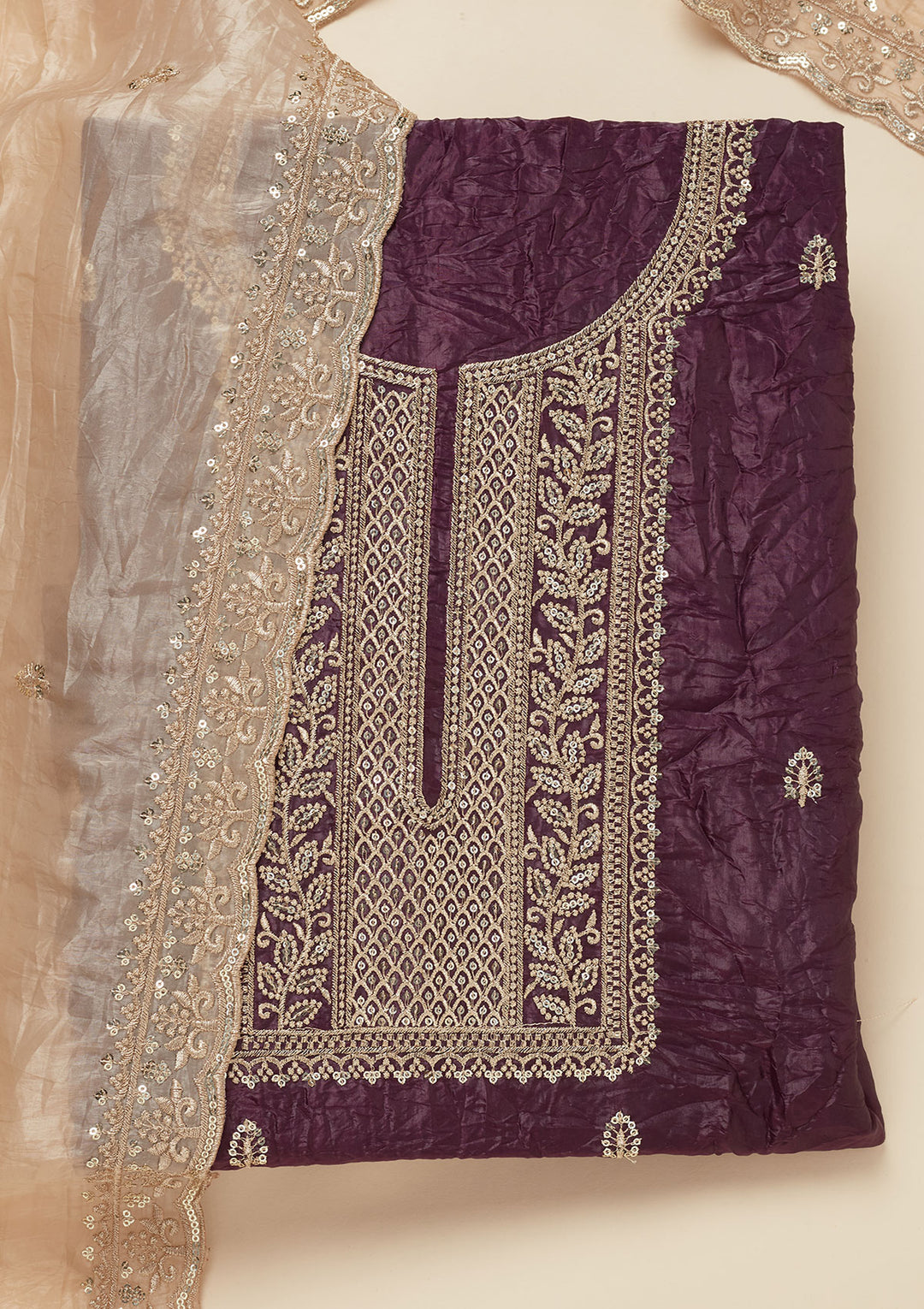 Wine Threadwork Semi Crepe Unstitched Salwar Suit