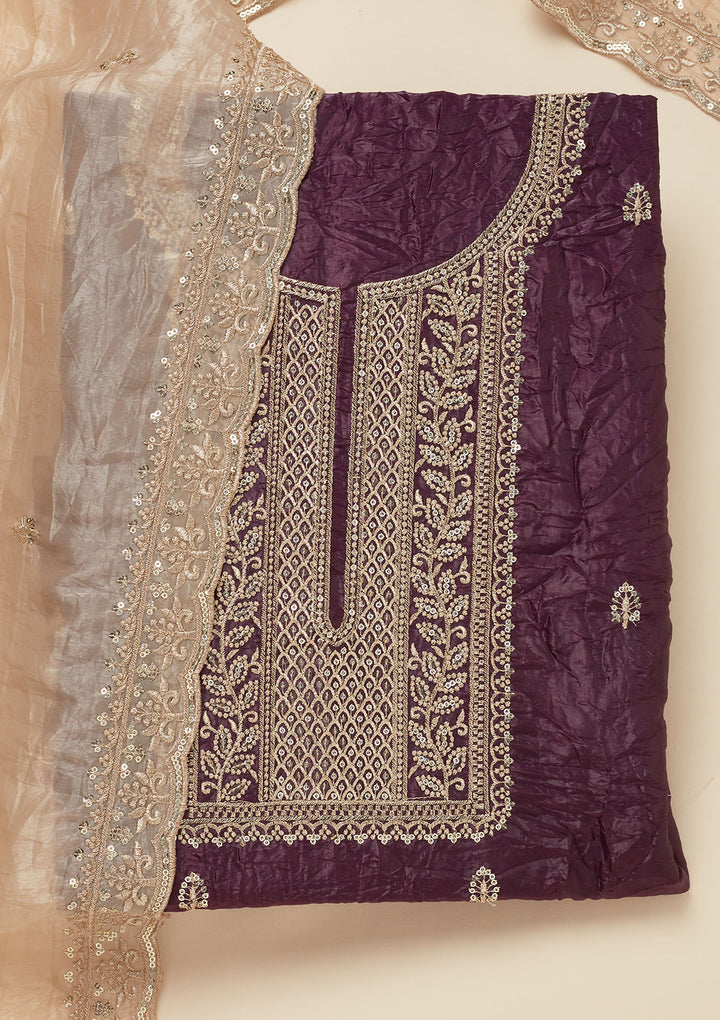 Wine Threadwork Semi Crepe Unstitched Salwar Suit