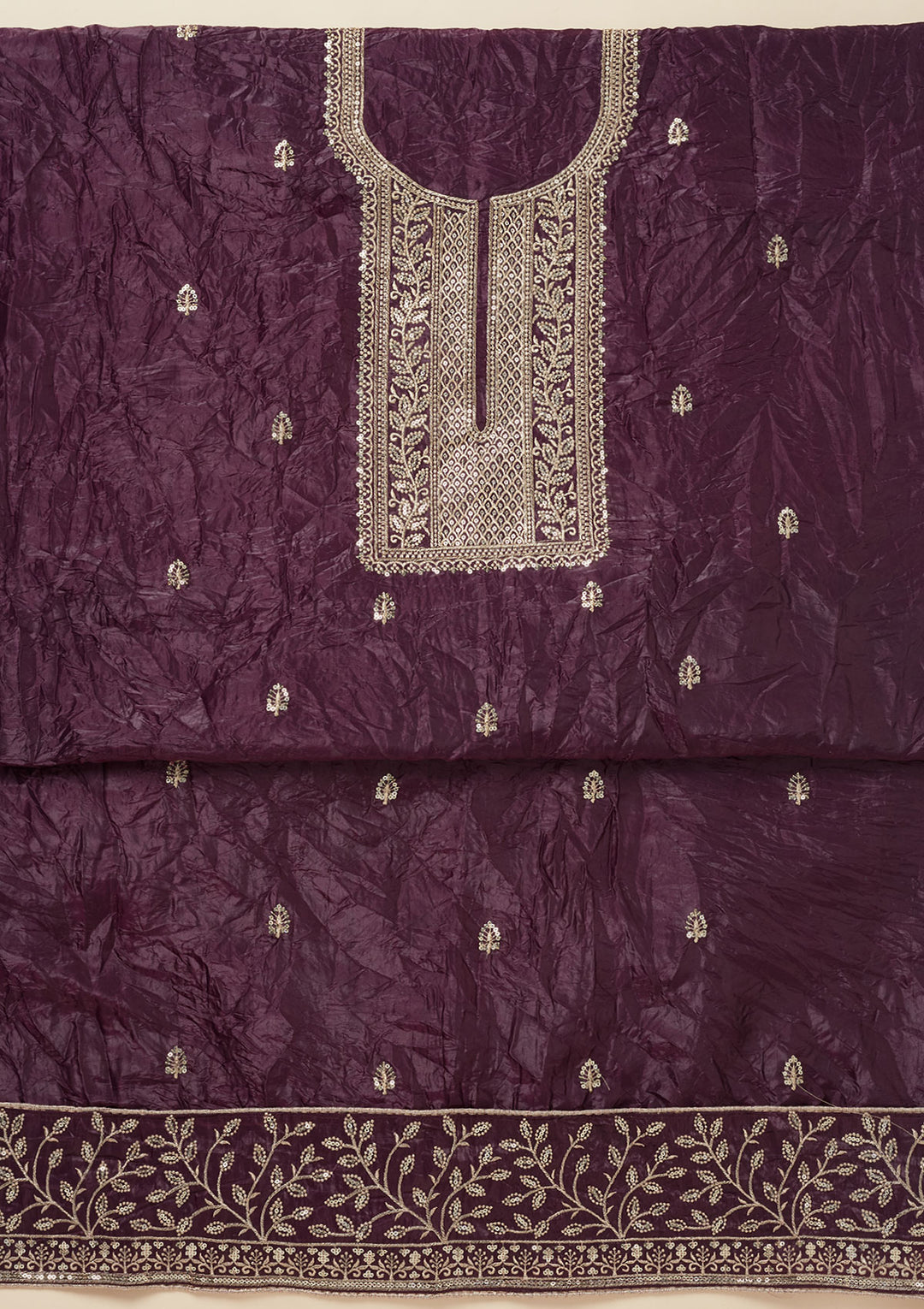 Wine Threadwork Semi Crepe Unstitched Salwar Suit