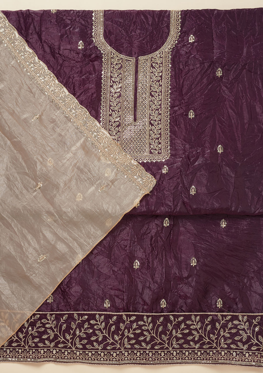 Wine Threadwork Semi Crepe Unstitched Salwar Suit