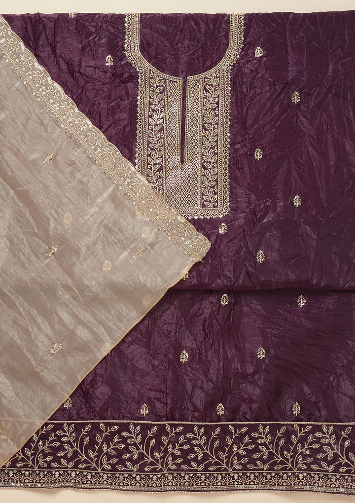 Wine Threadwork Semi Crepe Unstitched Salwar Suit