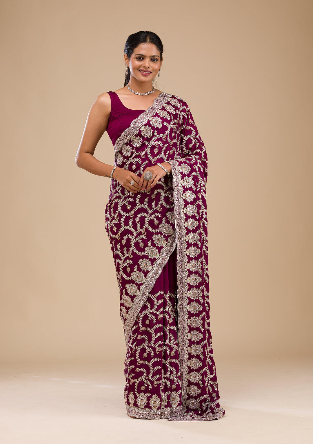 Wine Satin Threadwork Saree With Matching Blouse Piece