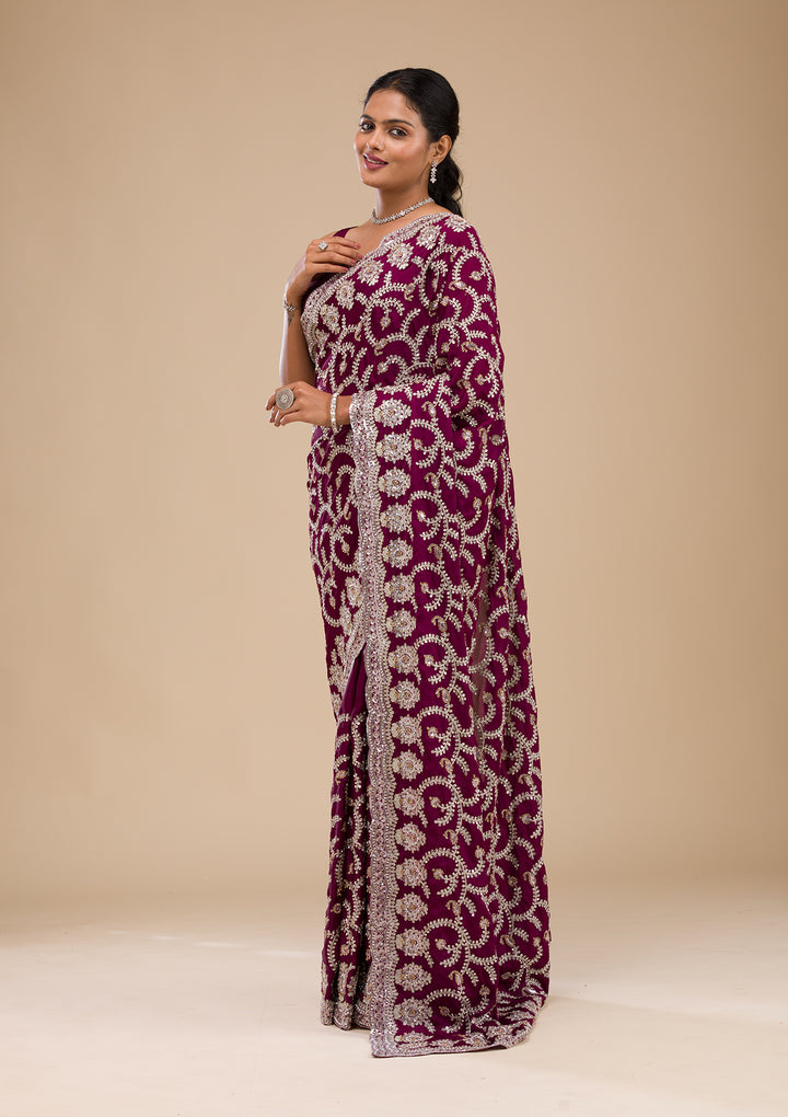 Wine Satin Threadwork Saree With Matching Blouse Piece