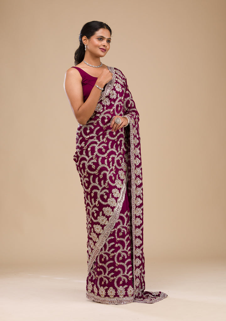 Wine Satin Threadwork Saree With Matching Blouse Piece
