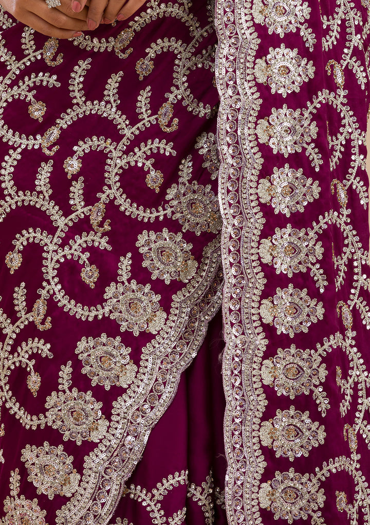 Wine Satin Threadwork Saree With Matching Blouse Piece