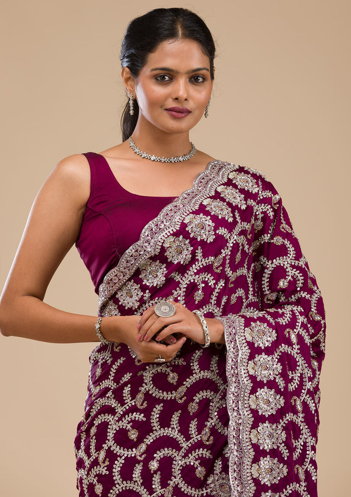 Wine Satin Threadwork Saree With Matching Blouse Piece