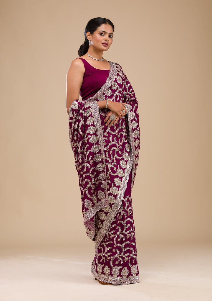 Wine Satin Threadwork Saree With Matching Blouse Piece