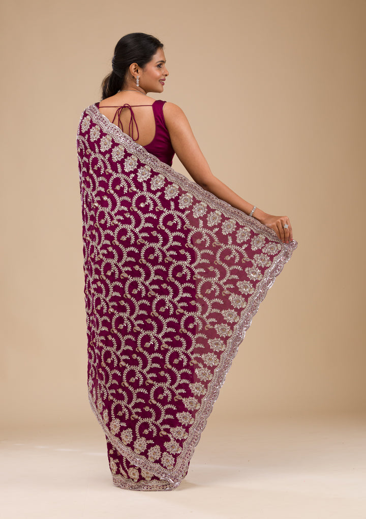 Wine Satin Threadwork Saree With Matching Blouse Piece