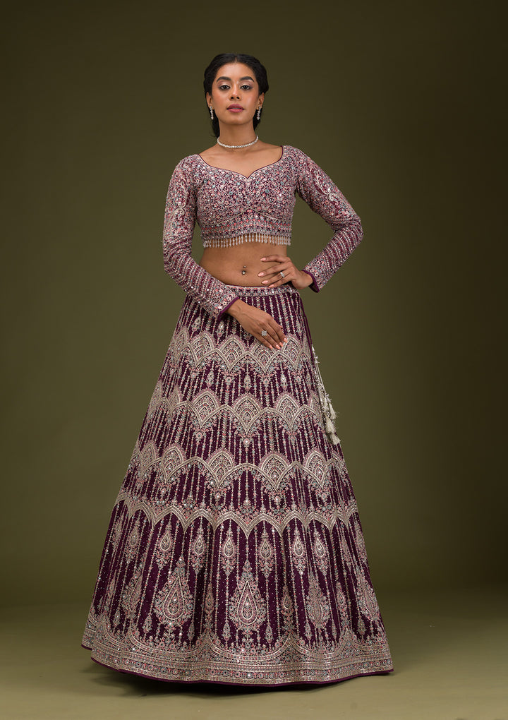 Koskii Net Burgundy Lehenga with Zariwork – Elegant Evening Wear