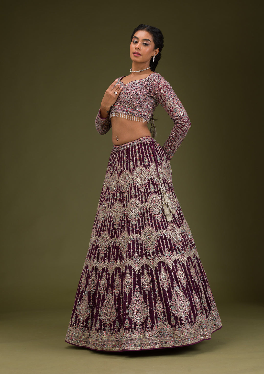 Koskii Net Burgundy Lehenga with Zariwork – Elegant Evening Wear