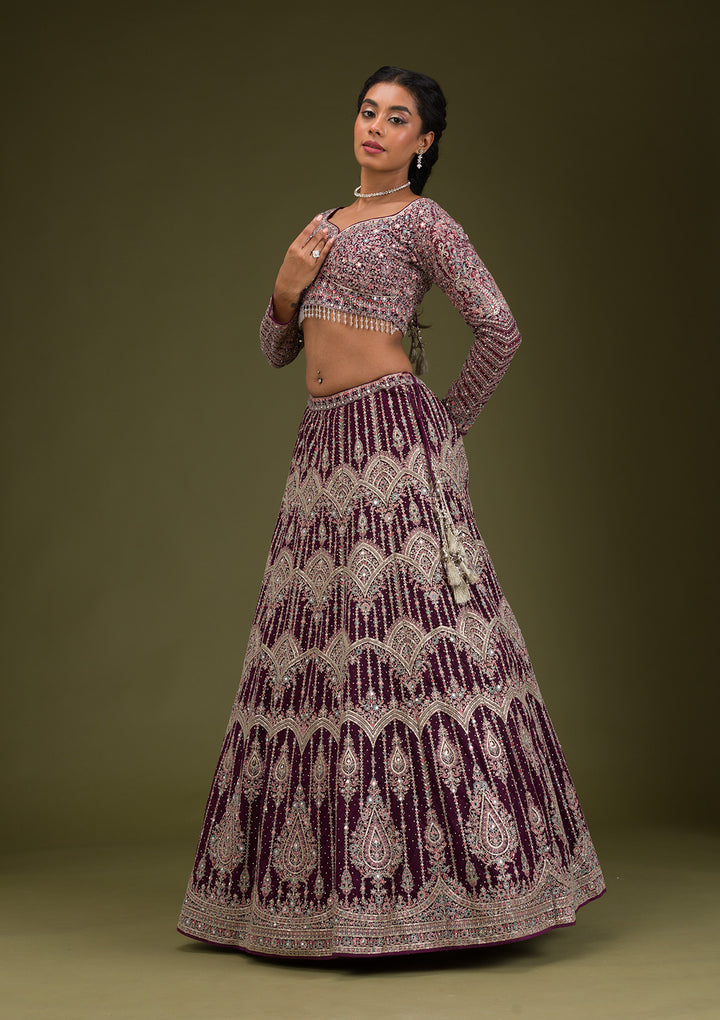 Koskii Net Burgundy Lehenga with Zariwork – Elegant Evening Wear