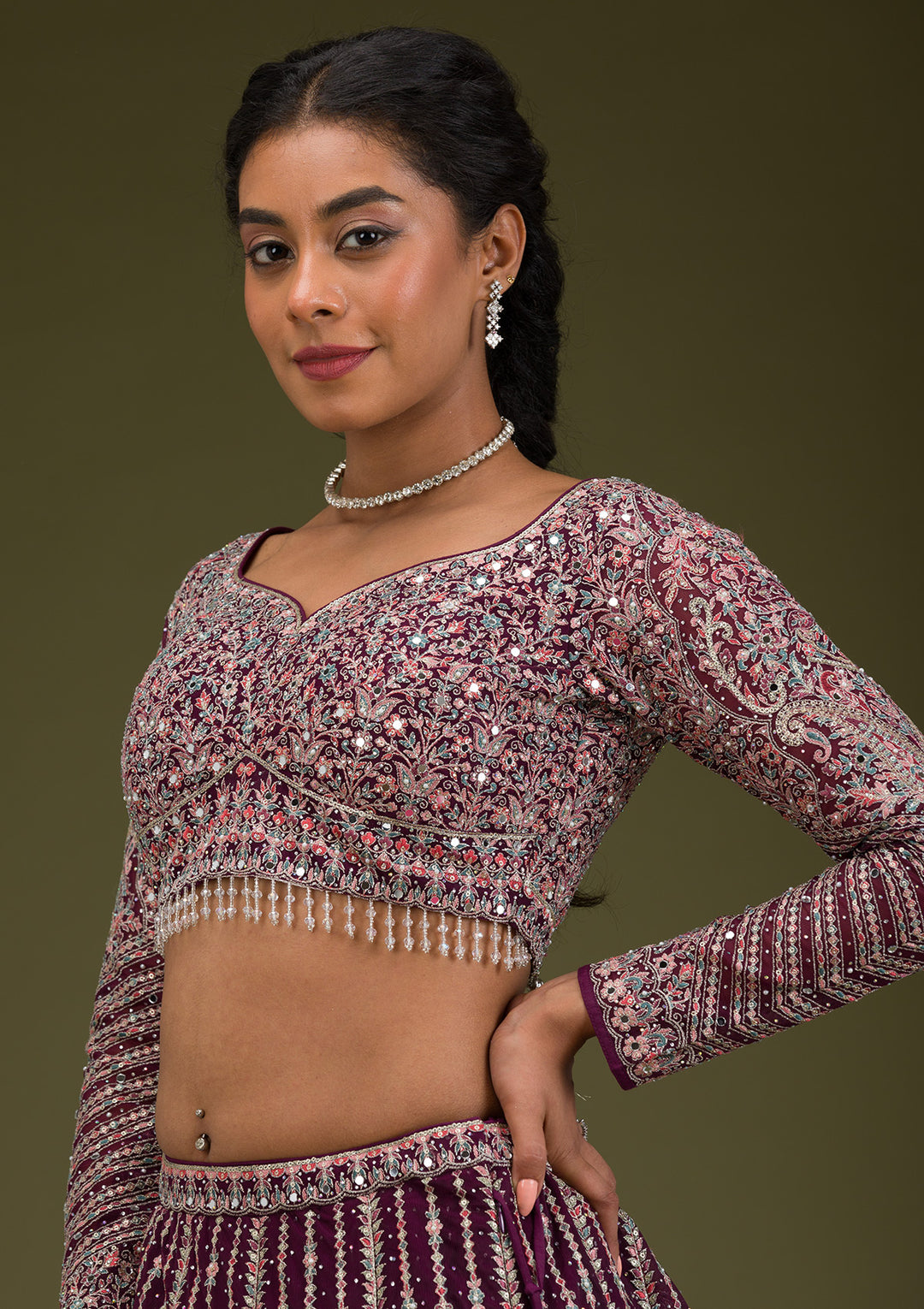 Koskii Net Burgundy Lehenga with Zariwork – Elegant Evening Wear
