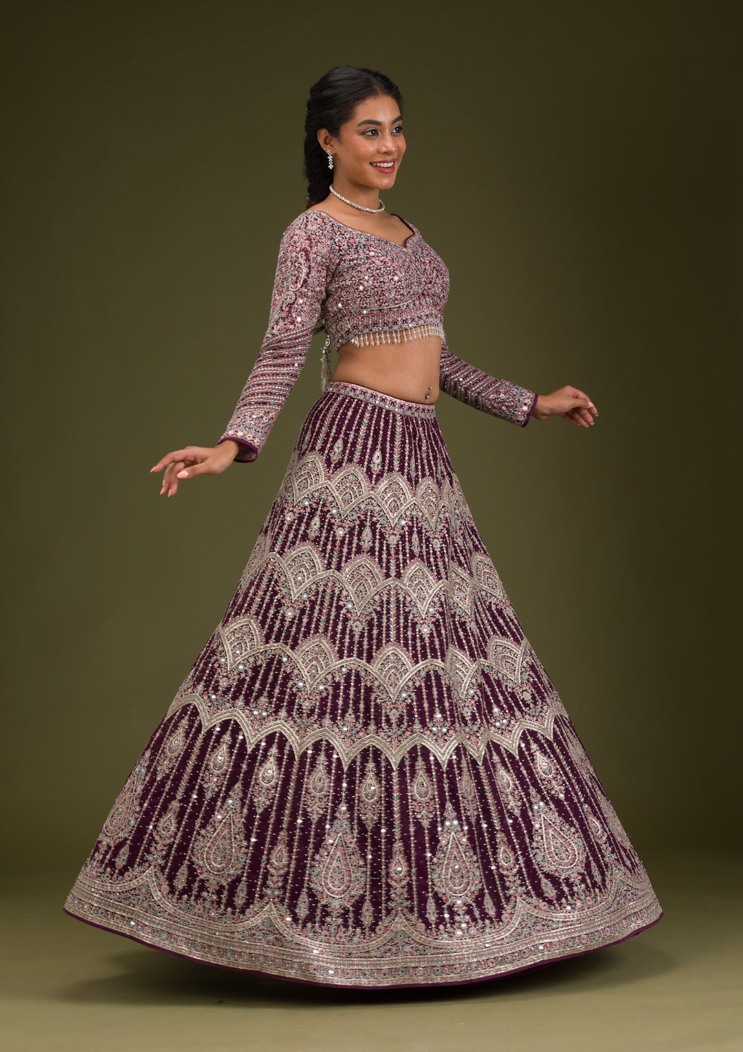Koskii Net Burgundy Lehenga with Zariwork – Elegant Evening Wear