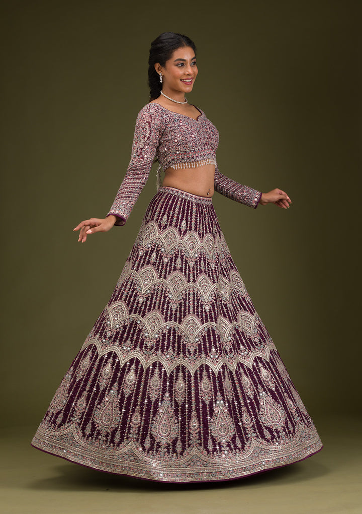 Koskii Net Burgundy Lehenga with Zariwork – Elegant Evening Wear
