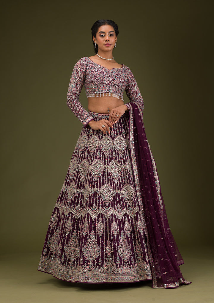 Koskii Net Burgundy Lehenga with Zariwork – Elegant Evening Wear